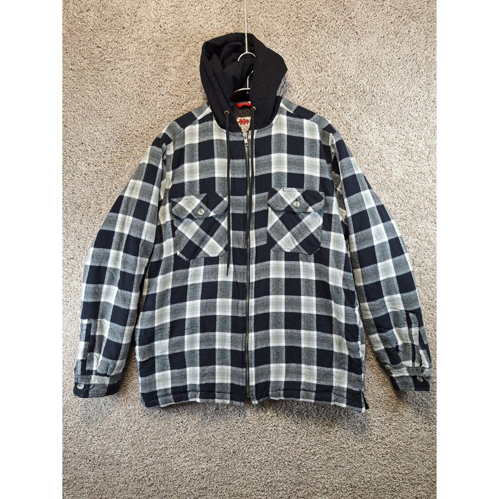 Field & Forest Jacket Mens M Black White‎ Plaid Sherpa Lined Hooded Flannel Cozy